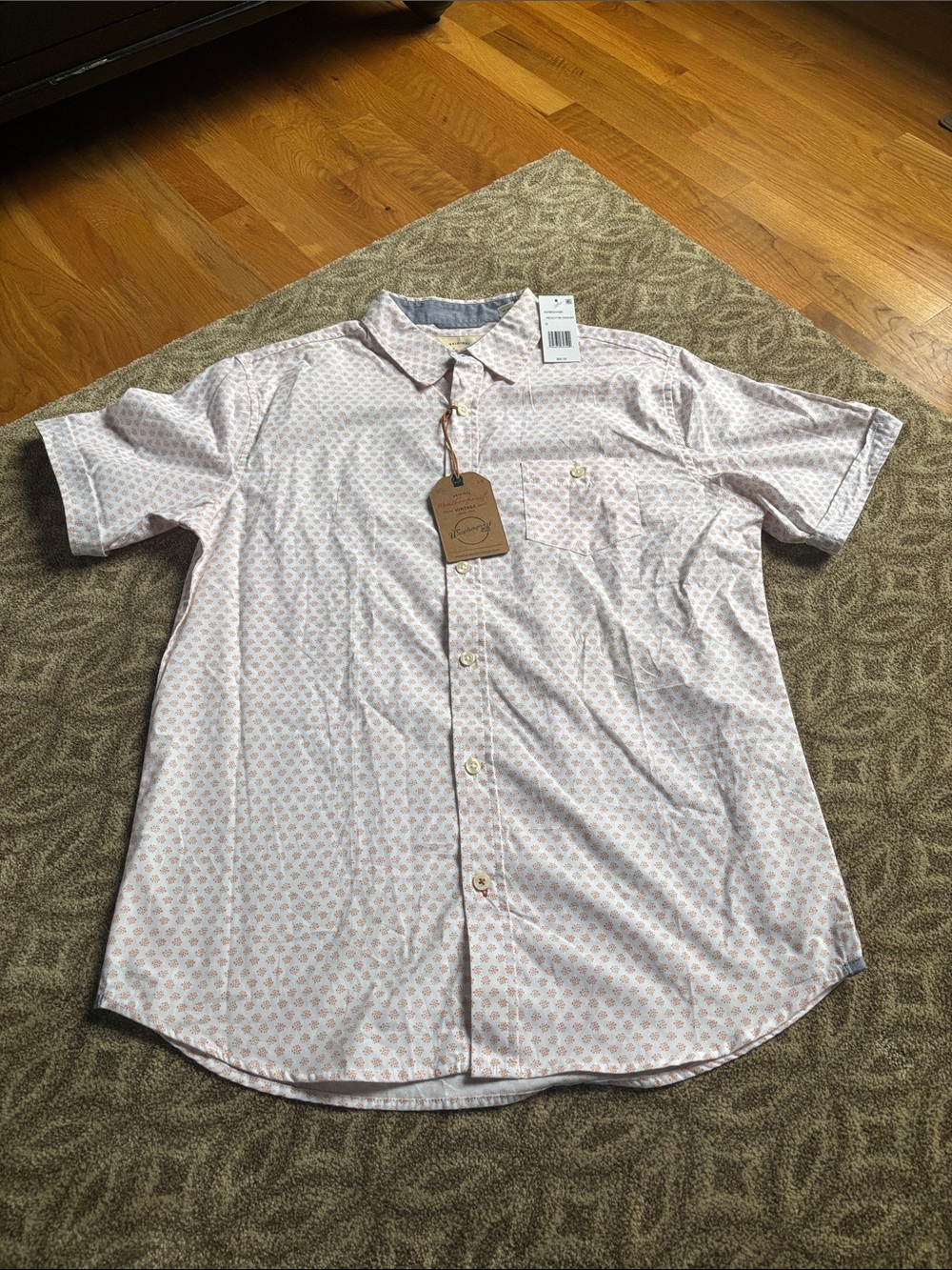 Short-Sleeve Button-Down Shirt in Light Peach Micro Print